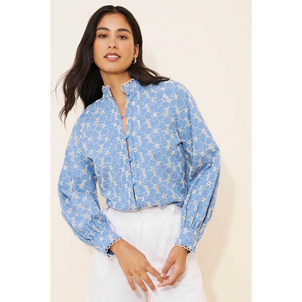 French Mauve Portofino Chambray Eyelet Top Floral Button Front Blouse XL